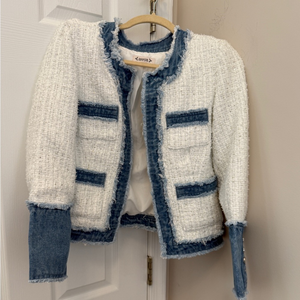 Nanette Lepore White Tweed Jacket with Denim Trim